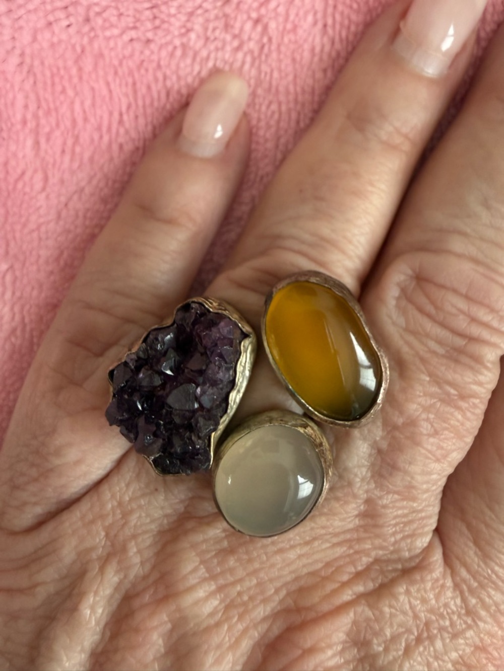 Artisan Triple-Stone Silver Ring with Amethyst and Yellow & Moonstone Gems 8
